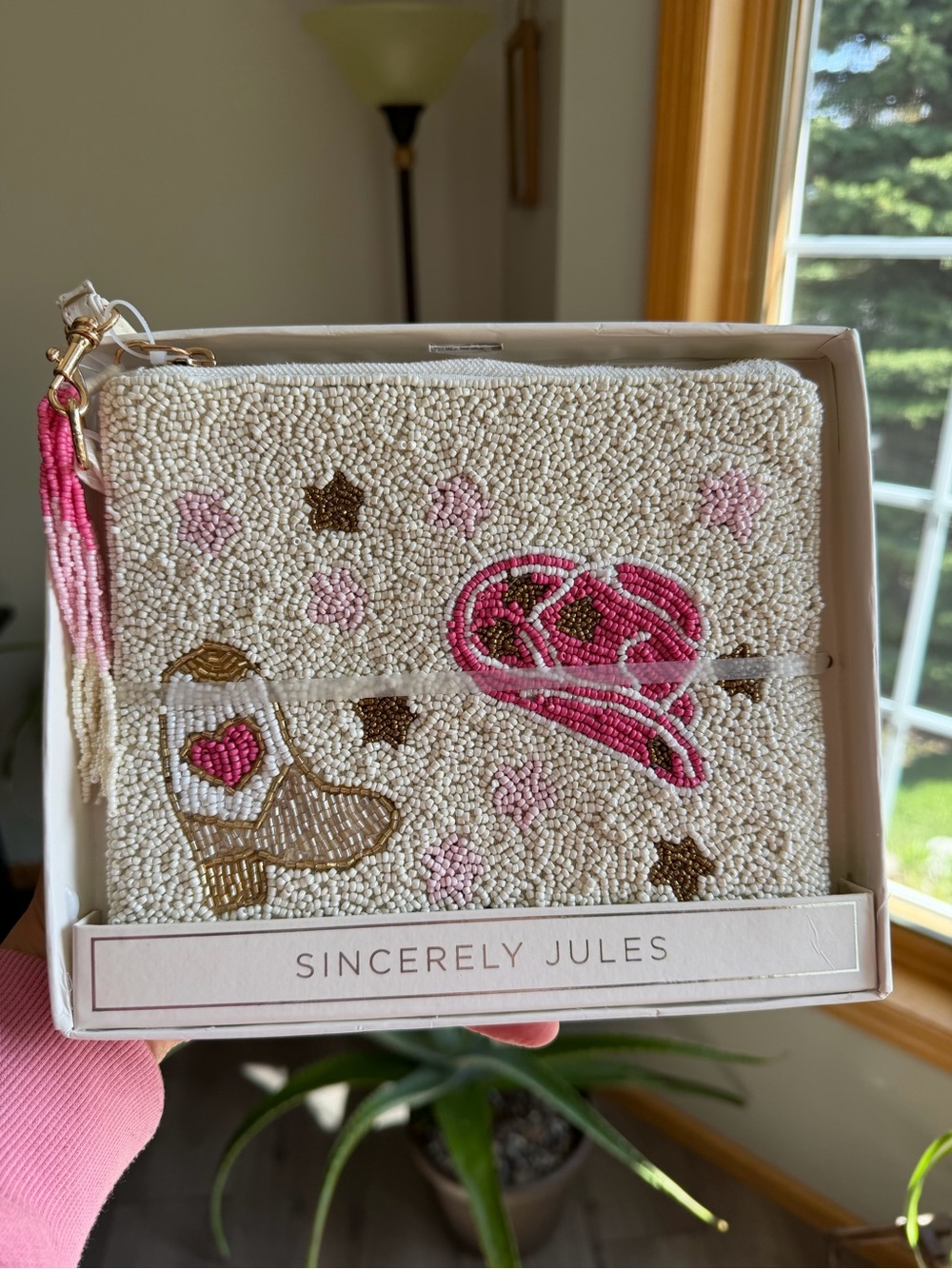 Sincerely Jules Beaded Cowgirl Boot & Hat Wristlet in Cream, Pink & Gold